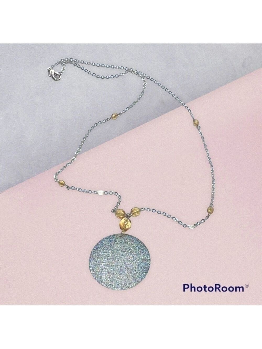 Silver Chain Gold Glass Beads Pendant 20 Inch